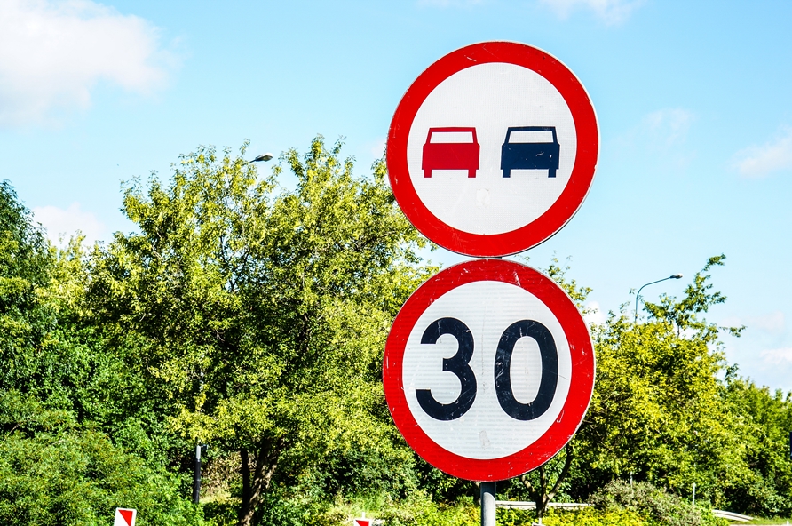 A sign indicating speed limit of thirty and no overtaking against green trees