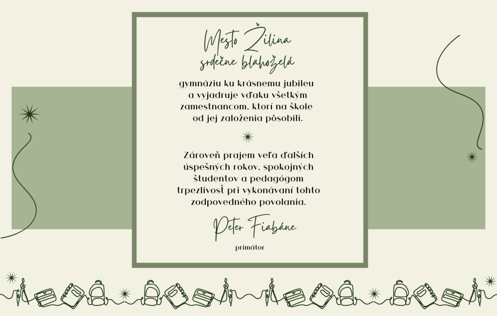 Blahoželanie mesta Žilina k výročiu školy